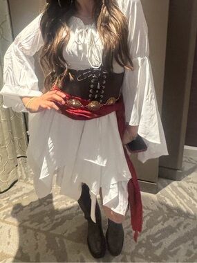 White Peasant Pirate Costume Dress with Red Sash. Size Small
